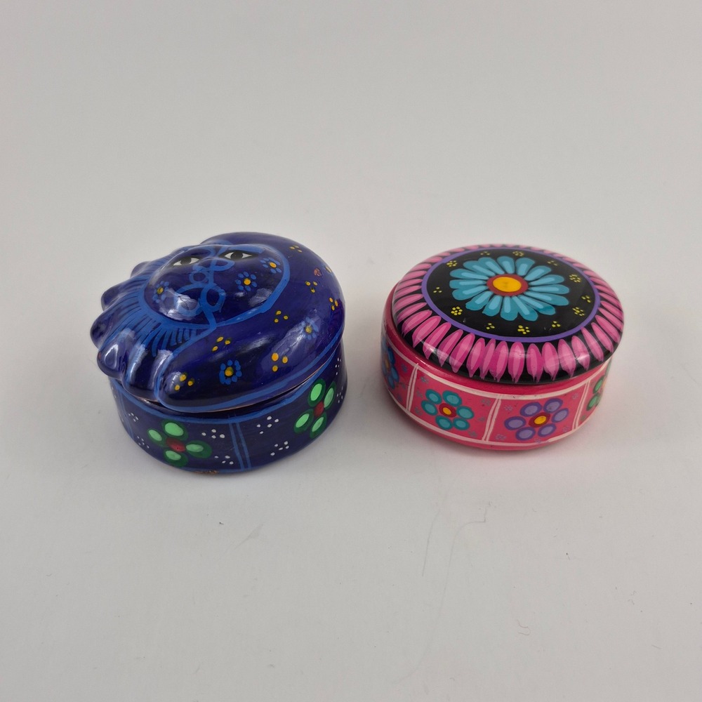 Vintage Mexican Folk Art Trinket Boxes Sun Face Floral Set of 2 Mexico